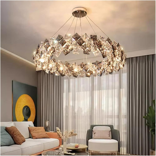Modern Iron and Crystal Chandelier Pendant Light with Adjustable Height