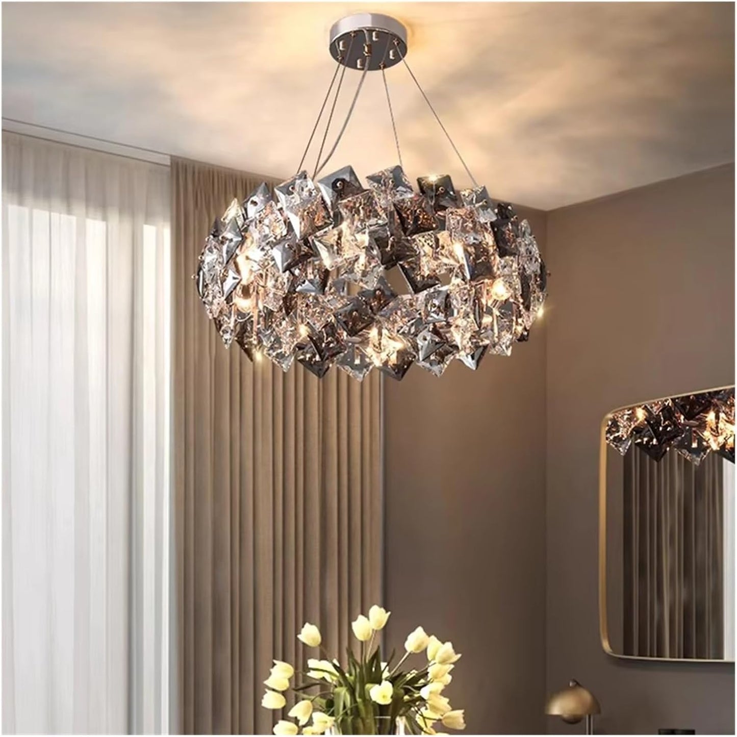Modern Iron and Crystal Chandelier Pendant Light with Adjustable Height