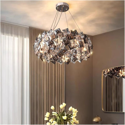 Modern Iron and Crystal Chandelier Pendant Light with Adjustable Height